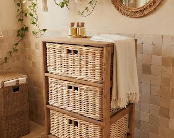 Teak Wicker Drawer Cabinet | Handmade Boho Bathroom Storage | Rattan Chest of Drawers | Natural Wood Organizer