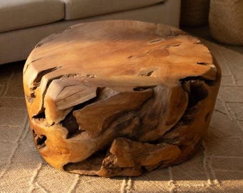 Organic Teak Root Coffee Table | Live Edge Sculptural Boho Table with Hidden Wheels | Large Natural Wood Statement Piece