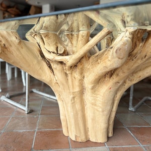 May include: A glass-topped table with a unique, natural wood base. The base is made of multiple branches that have been joined together to create a tree-like structure. The table is ideal for a modern or rustic dining room.