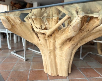 Live Edge Teak Tree Root Base Table with Glass Top, Handmade Wood Coffee Table, Organic Modern Farmhouse Decorative Furniture