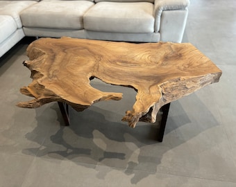 Rustic Root Teakwood Raw Live Edge Table with Iron Legs, Handmade Irregular Shape Coffee End Table, Modern Farmhouse Teak Furniture Decor