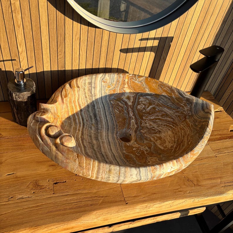 Onyx Vessel Sink Handmade | Natural Stone Bathroom Sink | Luxury Vessel Sink | Unique Bathroom Decor | Stone Sink Basin Limited Edition image 4