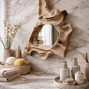Handcrafted Wooden Sculpture Irregular Mirror, Decorative Object, Home Shelf Decor Object Rustic, Mid-Century Modern