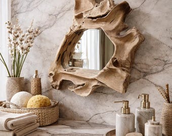 Handcrafted Wooden Sculpture Irregular Mirror, Decorative Object, Home Shelf Decor Object Rustic, Mid-Century Modern