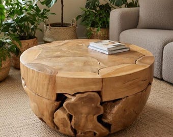 Round Teak Root Coffee Table 80cm | Solid Wood Coffee Table Handmade | Rustic Living Room Table | Natural Wood Table | Boho Home Decor