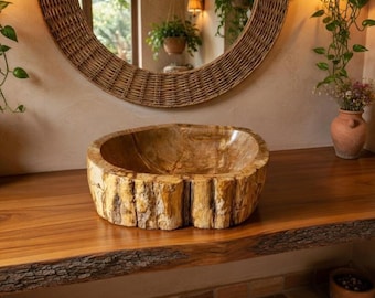 Rustic Petrified Wood Vessel Sink, Rough Textured Modern Bowl Basin, Above Counter Sink Bathroom or Kitchen, Decorative Wooden Washbasin