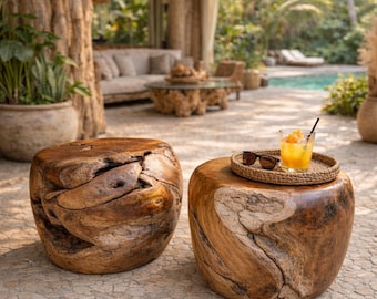 Rustic Log Bedside Table, Exotic Solid Wood Nightstand