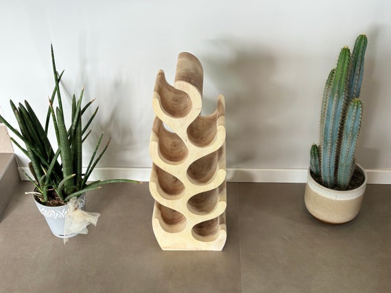 Suar Wood Wine Rack, Handmade Live Edge Wooden Bottle Holder, Freestanding Rustic Kitchen Bar Storage, One of a Kind