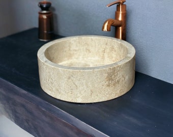 Round Beige Marble Vessel Sink, Kitchen or Bath