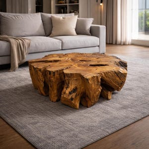 May include: A large, natural wood coffee table with a unique, organic shape. The table is made from a single tree trunk, showcasing the wood's natural grain and texture. The table is a warm brown color and sits on a gray rug.