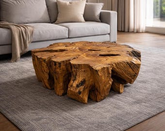 Teak Root Coffee Table with Wheels – Solid Teak Stump – Natural Live Edge Wood Furniture – Rustic Organic Living Room Decor