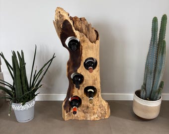 Rustic Teak Wood Wine Rack – Free Standing Wine Bottle Holder – Natural Tree Trunk Sculpture – 5 Bottles – Handmade Bar Decor