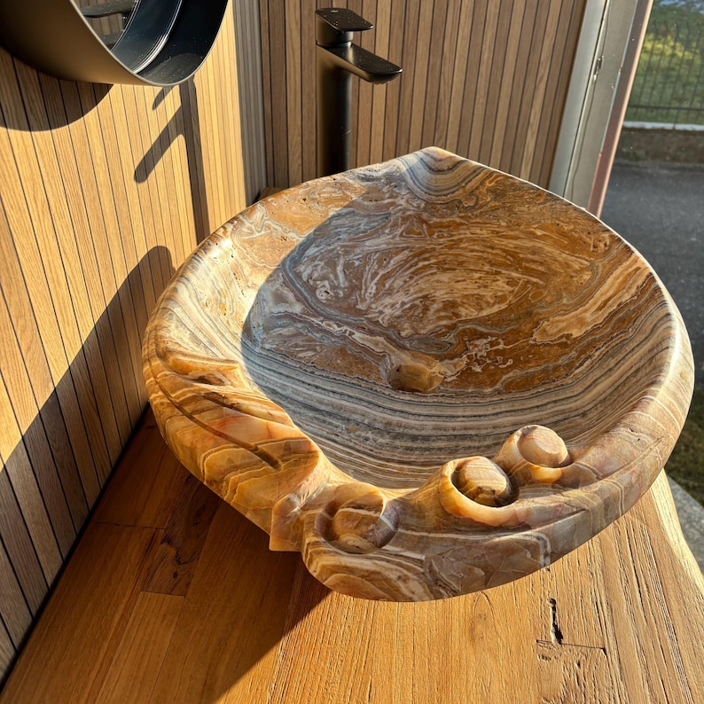 Onyx Vessel Sink Handmade | Natural Stone Bathroom Sink | Luxury Vessel Sink | Unique Bathroom Decor | Stone Sink Basin Limited Edition image 3