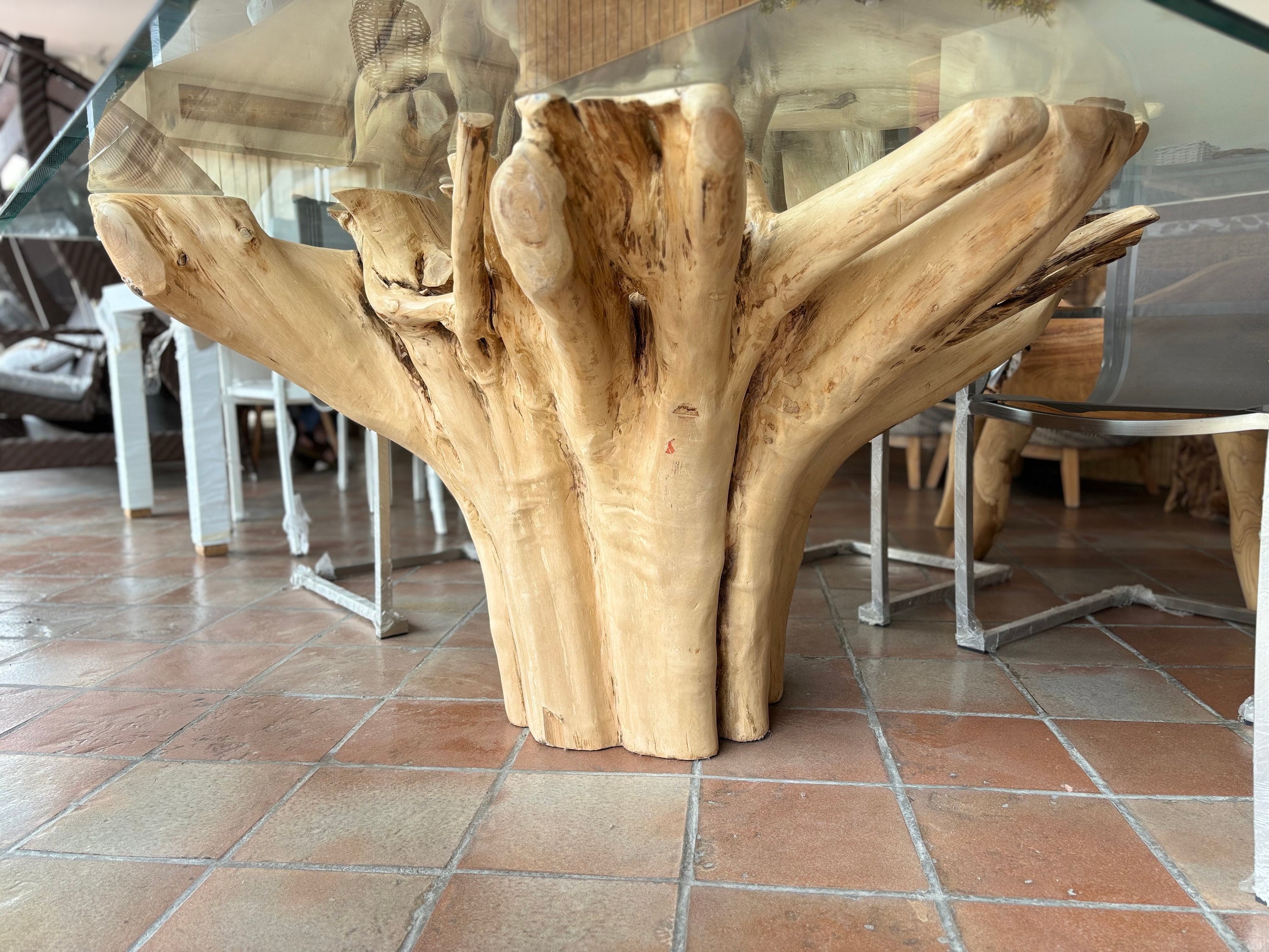 Live Edge Teak Tree Root Base Table With Glass Top, Handmade Wood ...