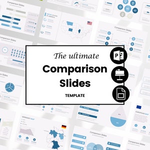 Op de afbeelding: Een verzameling presentatie dia's met verschillende grafieken en diagrammen om gegevens te vergelijken. De dia's zijn ontworpen in een blauw-wit kleurenschema en bevatten pictogrammen voor PowerPoint, Keynote en Google Slides. De tekst "The ultimate Comparison Slides TEMPLATE" wordt weergegeven in een wit vak.