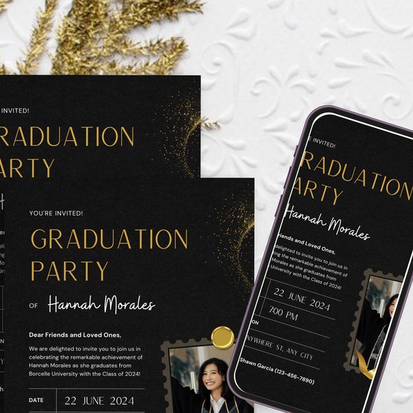 Black and Gold Premium Graduation Party Invitation, Premium Invitation Set, Classy Grad Invite Cards, Graduation Ceremony Announcement