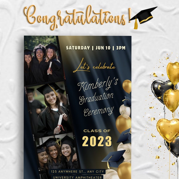 Black and Gold Photo Graduation Announcement, Elegant Black Gold Grad Party Invitations, Premium Grad Ceremony Invite, Announcement Cards