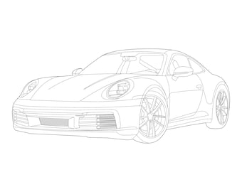 Porsche vector line drawing illustration, Digital Vector, line art, vector files for laser engraving