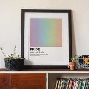 Könnte beinhalten: Ein gerahmter Druck mit einem Regenbogen-Farbverlauf im Hintergrund und dem Wort "PRIDE" in schwarzem Text. Die Definition des Wortes "pride" ist darunter in kleinerer Schrift geschrieben. Der Druck steht auf einem Holzregal mit einer Topfpflanze und einem Plattenhalter.