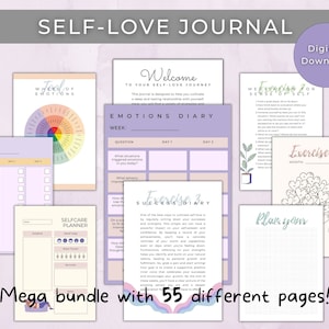 May include: A digital download of a self-love journal with 55 pages. The journal includes a variety of exercises and prompts to help you cultivate a deeper and lasting relationship with yourself. The pages are decorated with a purple and pink colour scheme and feature illustrations of hearts, flowers, and other positive imagery.