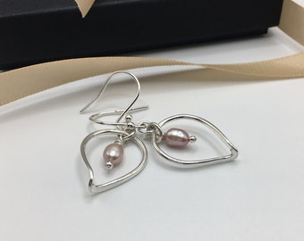 Rose Pearl Silver Drop Earrings *Silver Dangly Earrings  *Bridal Earrings*Gift For Her * Mothers Day * Birthday Present