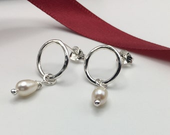 Silver Circle & Pearl Studs Earrings, Open Circle Studs Earrings,  Genuine Freshwater Pearl, June Birthday, gift For Her