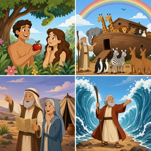 Pu&ograve; includere: Un'illustrazione a quattro pannelli che raffigura scene bibliche: Adamo ed Eva con una mela rossa e un serpente, l'Arca di No&egrave; con vari animali e un arcobaleno, una coppia in un paesaggio desertico con una mappa e una figura che divide il mare.