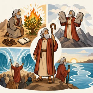 Pu&ograve; includere: Un'illustrazione a pi&ugrave; pannelli che raffigura un uomo barbuto con tunica e sandali. Le scene includono l'uomo inginocchiato davanti a un cespuglio ardente, che tiene due tavole di pietra su una montagna e divide un mare davanti a una folla.