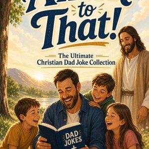 Pu&ograve; includere: Una copertina di libro intitolata Amen to That! The Ultimate Christian Dad Joke Collection di Erik Krueger. L'illustrazione mostra un padre che legge un libro blu con la scritta DAD JOKES a tre bambini in un campo, con una figura sullo sfondo.