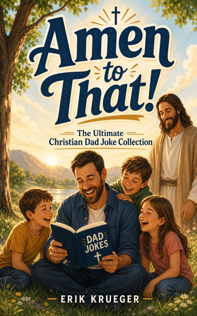 Pu&ograve; includere: Una copertina di libro intitolata Amen to That! The Ultimate Christian Dad Joke Collection di Erik Krueger. L'illustrazione mostra un padre che legge un libro blu con la scritta DAD JOKES a tre bambini in un campo, con una figura sullo sfondo.
