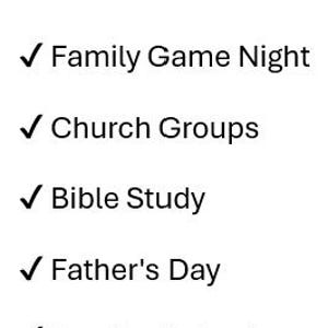 Pu&ograve; includere: Una grafica bianca con testo nero che recita: Perfect For, seguito da un elenco con segni di spunta: Family Game Night, Church Groups, Bible Study, Father's Day e Sunday School. Il testo &egrave; disposto in un formato di elenco verticale.