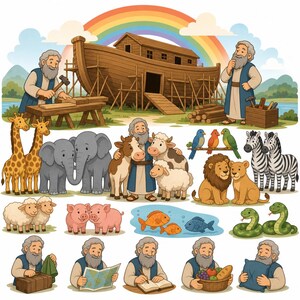 Pu&ograve; includere: Un'illustrazione a cartoni animati dell'arca di No&egrave; sotto un arcobaleno, con una figura barbuta che costruisce la nave in legno, circondata da coppie di giraffe, elefanti, mucche, pecore, uccelli, zebre, leoni, maiali, pesci e serpenti.