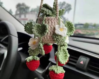 Crochet Strawberry Plant Car Ornament: Hanging Rear View Mirror Accessory