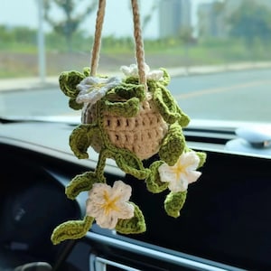 花のデザインが施された車用植物、かぎ針編みの吊り下げ式植物バスケット、車用装飾品、バックミラー吊り下げアクセサリー、バッグアクセサリー