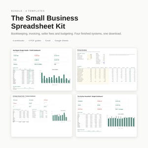 Op de afbeelding: De Small Business Spreadsheet Kit bevat vier sjablonen voor boekhouding, facturering, verkoperskosten en budgettering. Het omvat vier werkmappen en vier PDF-handleidingen voor Excel en Google Sheets, met dashboards voor winst, prijzen, freelance en budgetten.