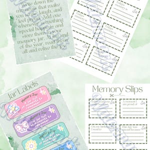 May include: Printable memory jar labels and slips with a watercolour background. The labels are pastel pink, purple, blue, and green with a flower or plant design. The slips are white with a grey dashed border and stars. The text on the labels reads "Memory Jar A jar full of moments to remember". The text on the slips reads "Today's memory is", "Today made me smile because", "A moment I am proud of", "On my birthday I want to", "This day was special because", "This was worth remembering", and "The funniest thing happened".