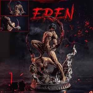 Op de afbeelding: Een gedetailleerd, handgeschilderd beeldje van Eren Yeager uit de anime Attack on Titan. Het beeldje toont Eren in zijn Attack Titan-vorm, met een woeste uitdrukking en een krachtige pose. Het beeldje is gemaakt van hoogwaardig hars en is geschilderd in een realistische stijl. De basis van het beeldje is versierd met een scène uit de anime, inclusief de woorden "Attack on Titan" in het Japans.