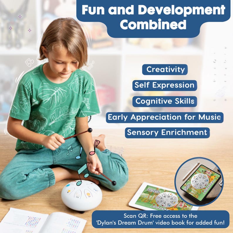 May include: A young person is playing a colorful hand drum with two wooden mallets. The drum is on a wooden floor. The image includes text that says "Fun and Development Combined" and lists benefits of playing the drum, such as "Creativity", "Self Expression", "Cognitive Skills", "Early Appreciation for Music", and "Sensory Enrichment". The image also includes a QR code with the text "Scan QR: Free access to the 'Dylan's Dream Drum' video book for added fun!"