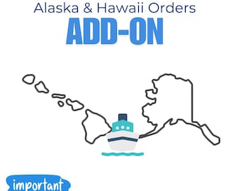 May include: A black and white outline of Alaska and Hawaii with a blue and white ship sailing between them. The text "Alaska & Hawaii Orders ADD-ON" is at the top of the image. The text "important Don't Forget: Add Hawaii & Alaska Fee to Your Order" is at the bottom of the image.