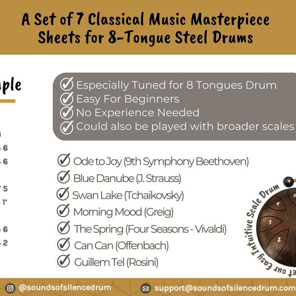 A Set of Classical Music Masterpiece Sheets for 8-Tongue Steel Drums