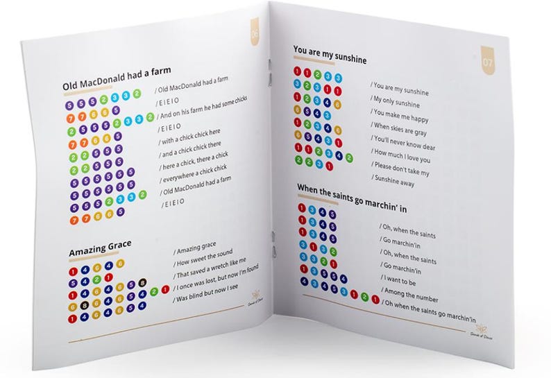 May include: A colorful booklet with lyrics for the songs "Old MacDonald Had a Farm", "Amazing Grace", "You Are My Sunshine", and "When the Saints Go Marchin' In". Each song has a corresponding color-coded chart with numbers.