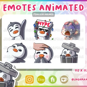 6x Twitch Animated Emote / Cute Penguin Emoji Pack #1 (Hi bye, Hype, In fire, It&#39;ll be OK, Pat Head, Trash) / For streamer / Discord / Grey