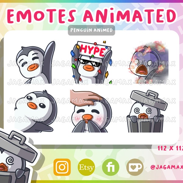 6x Twitch Animated Emote / Cute Penguin Emoji Pack #1 (Hi bye, Hype, In fire, It'll be OK, Pat Head, Trash) / For streamer / Discord / Grey