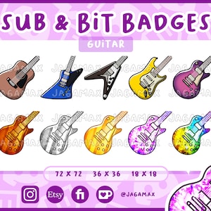 Puede incluir: Un conjunto de 10 insignias con forma de guitarra en varios colores y diseños, que incluyen una guitarra acústica marrón, una guitarra eléctrica azul, una guitarra eléctrica amarilla, una guitarra eléctrica morada, una guitarra eléctrica roja, una guitarra eléctrica plateada, una guitarra eléctrica dorada, una guitarra eléctrica morada y blanca, una guitarra eléctrica amarilla y verde, y una guitarra eléctrica morada y blanca con fondo blanco. Las insignias están disponibles en tres tamaños: 72 x 72 píxeles, 36 x 36 píxeles y 18 x 18 píxeles.