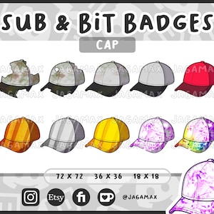 Puede incluir: Un conjunto de 10 ilustraciones digitales de gorras de béisbol en varios colores y patrones. Las gorras están disponibles en tres tamaños: 72 x 72 píxeles, 36 x 36 píxeles y 18 x 18 píxeles. El texto "SUB & BIT BADGES" y "CAP" está en la parte superior de la imagen. El texto "@JAGAMAX" está en la parte inferior de la imagen.