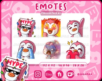 6x Twitch Emote / Cute Penguin Emoji Pack #2 (Angry, Hello Hi Bye, Hype, In Fire, Love, Cry Sad) / For streamer / Discord / Pink