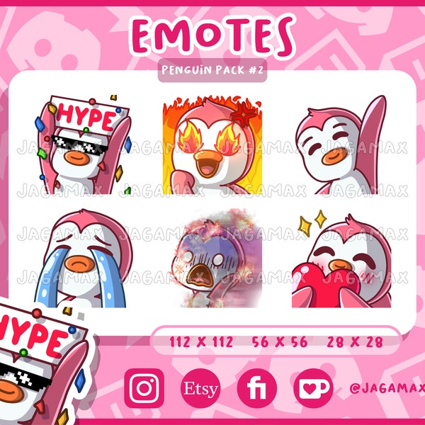 6x Twitch Emote / Cute Penguin Emoji Pack #2 (Angry, Hello Hi Bye, Hype, In Fire, Love, Cry Sad) / For streamer / Discord / Pink