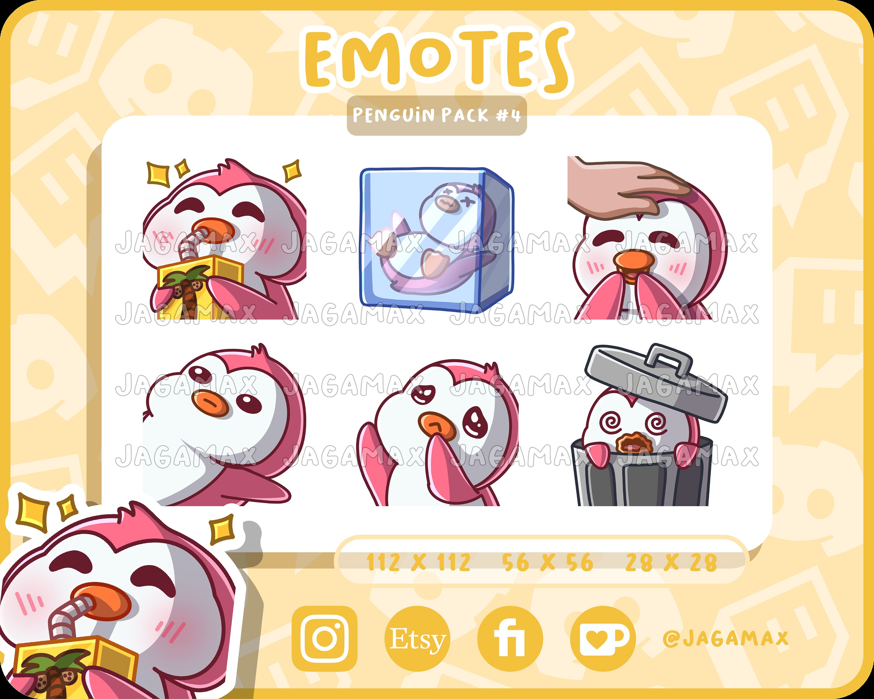 6x Twitch Emote / Cute Penguin Emoji Pack #4 (Ice Cube, It'll be OK..., Juice, Pat Head, Please, Trash) / For streamer / Discord / Pink