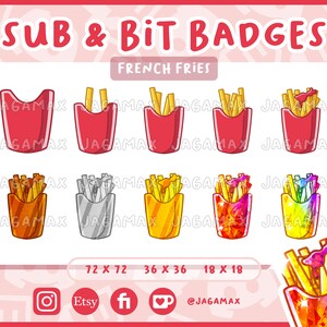 May include: A collection of French fry-themed sub and bit badges in various styles. The badges are in red fry containers, with fries in different colors and styles. The text "SUB & BIT BADGES" and "FRENCH FRIES" are displayed.