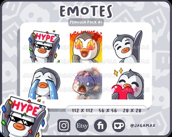 6x Twitch Emote / Cute Penguin Emoji Pack #1 (Angry, Hello Hi Bye, Hype, In Fire, Love, Cry Sad) / For streamer / Discord / Grey